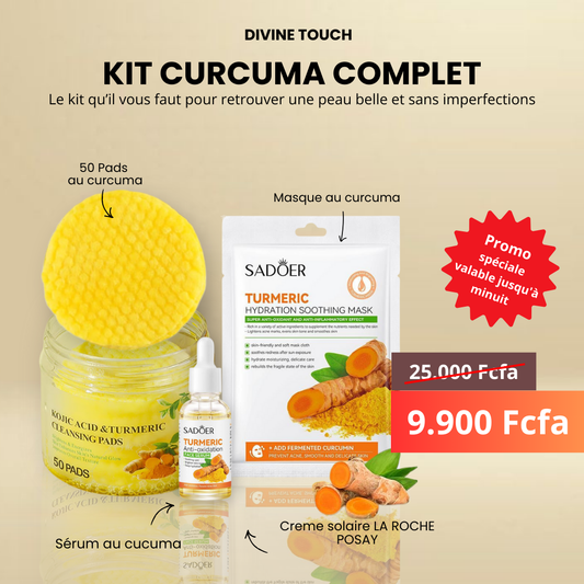 Kit curcuma Divin Touch: 1 Boite Coton curcuma + 1 Sérum au curcuma + 1 Masque au curcuma