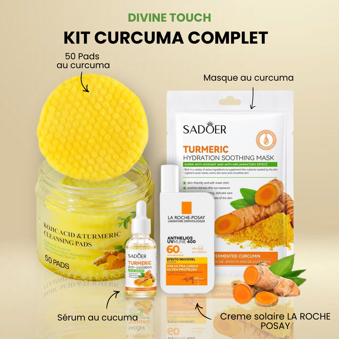 Kit curcuma : Coton curcuma + Sérum au curcuma + Masque au curcuma + Crème solaire La Roche Posail