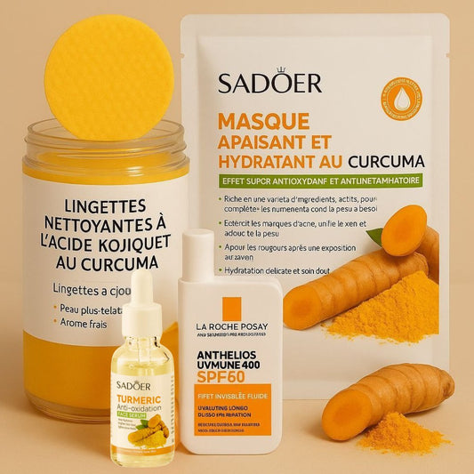KIT CURCUMA : Coton curcuma + Sérum au curcuma + Masque au curcuma + Crème solaire La Roche Posail