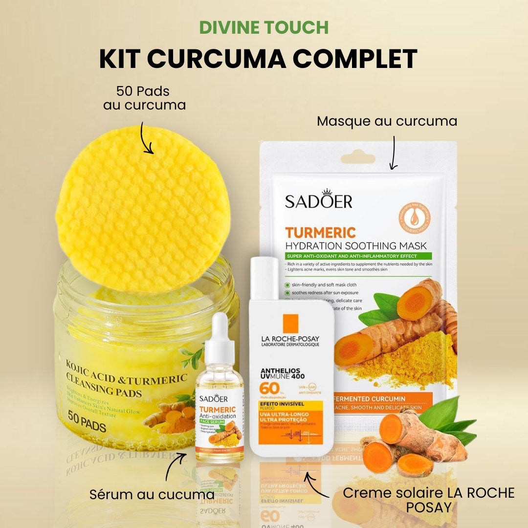 KIT CURCUMA : Coton curcuma + Sérum au curcuma + Masque au curcuma + Crème solaire La Roche Posail