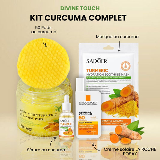 KIT CURCUMA : Coton curcuma + Sérum au curcuma + Masque au curcuma + Crème solaire La Roche Posail